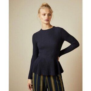 Ted Baker Jariala Ribbed Knit Peplum Sweater Flared Feminine Femme Minimalist